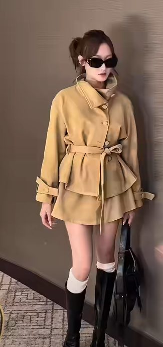 Set áo khoác mù tạt thắt nơ và chân váy